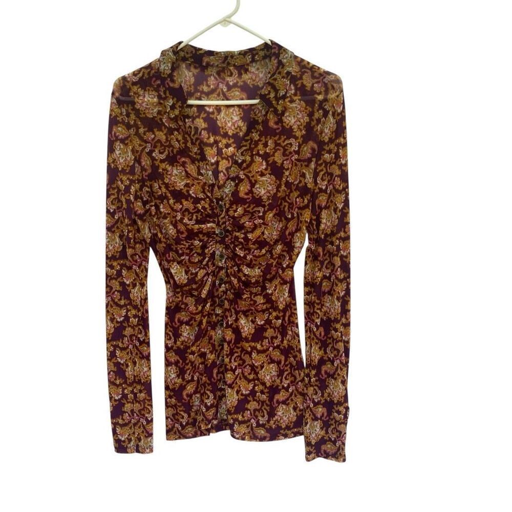 Free People Ruched Mesh Button Down Blouse Paisley Print Long Sleeve Top Size Sm